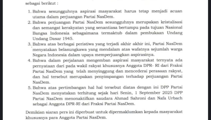 NasDem Nonaktifkan Ahmad Sahroni dan Nafa Urbach dari DPR