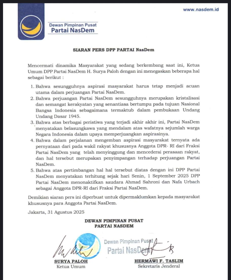 NasDem Nonaktifkan Ahmad Sahroni dan Nafa Urbach dari DPR